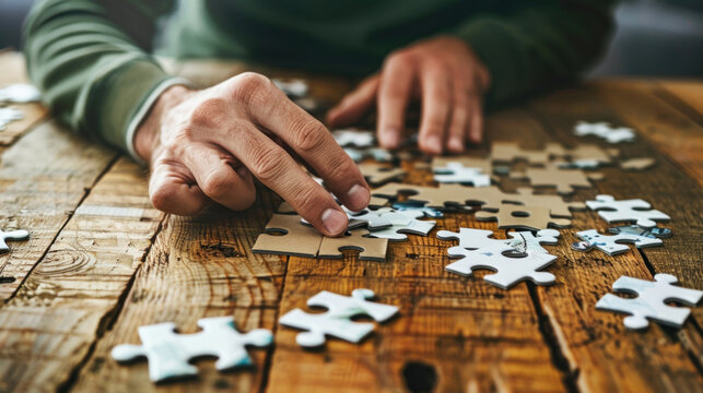 Person doing a puzzle on a large wooden table - Powered by Adobe