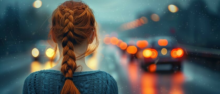 Ginger girl with hair in braid stands on side of an urban road,watching cars pass by at night.