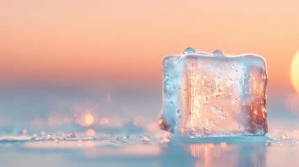 Melting ice cube in sunset light shining ice on reflective surface background
