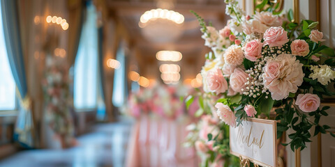 wedding signage surrounded by pastel flowers, guiding guests to the ceremony area. The background features the opulent ballroom setting, softly blurred. Commercial photo