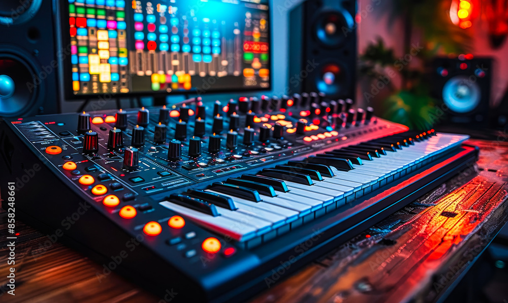 Poster modern music studio control desk with synthesizer and daw software displayed on screen in evening pr