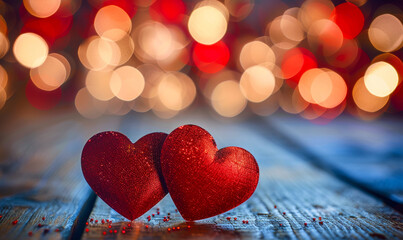 Obraz premium Romantic Red Hearts on Rustic Wooden Table with Defocused Warm Bokeh Lights, Symbolizing Love and Valentine's Day, Cozy Evening Ambiance