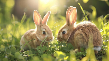 Fototapeta premium Rabbits eating clover in a sunny grass field