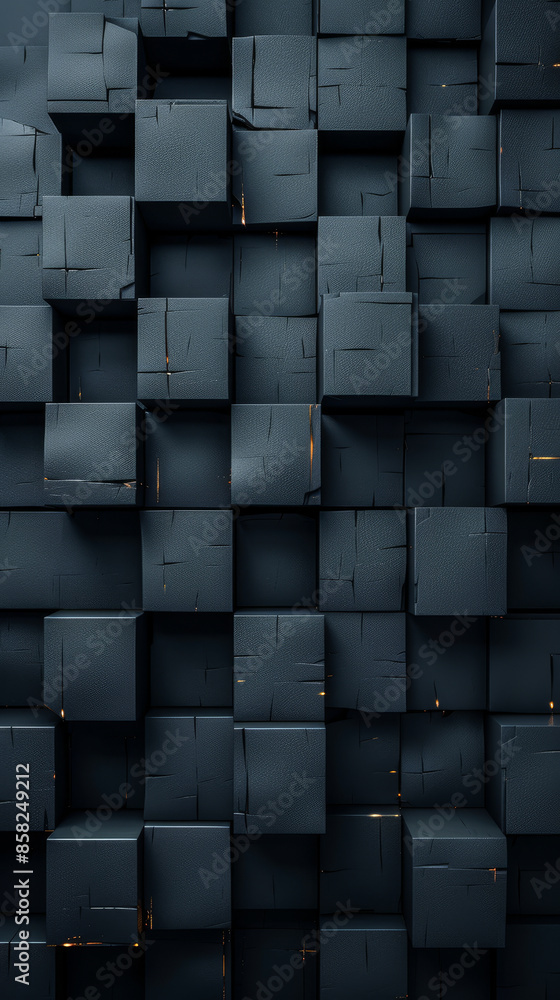 Poster futuristic 3d cube tile pattern wall with high-tech dark aesthetic, offset square blocks structure, 