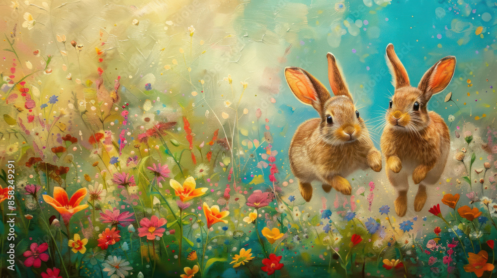 Sticker Rabbits hopping through a colorful flower meadow