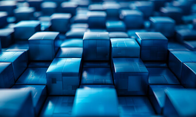 Obraz premium Modern Tech Background with Perfectly Aligned Blue and Turquoise 3D Blocks, Futuristic Digital Design, High-Tech Pattern, Digital Technology Concept for Innovation and Cutting-Edge Visuals