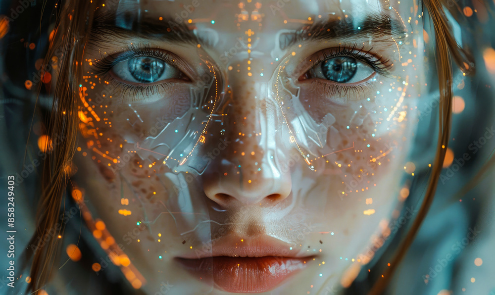 Poster human-machine interaction: futuristic ai-enhanced face with digital interface and emotions, blending