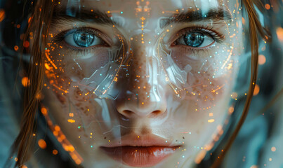 Human-Machine Interaction: Futuristic AI-Enhanced Face with Digital Interface and Emotions, Blending Technology and Human Expressions