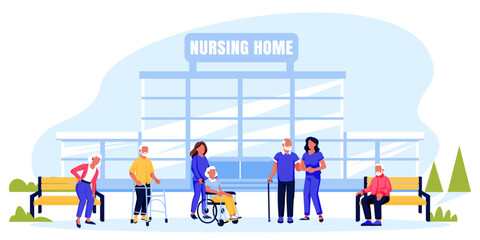 People walk near nursing home building, vector flat cartoon illustration. Senior persons assistance. Nurses support and care of elderly people. Banner, poster, flyer design elements