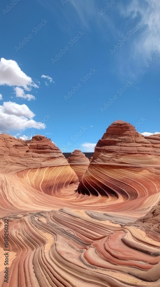 Poster a desert landscape with a large canyon and a mountain in the background