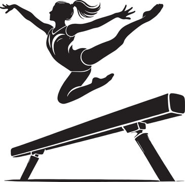 recommend clip art: A black and white vector silhouette illustration of a gymnast performing on a balance beam