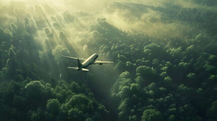 Fototapeta premium Eco-Friendly Futuristic Green Airplane Soaring Over Sunlit Forest Landscape