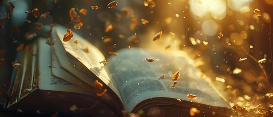 Capture a dramatic tilted view of an open book with fluttering pages, bathed in warm sunlight, giving a sense of freedom and exploration,
