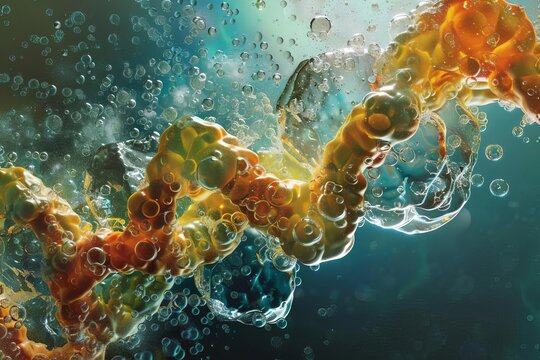 Capture a dramatic worms-eye view of a towering, twisting Fatty Acid molecule, gleaming under a digital microscope,