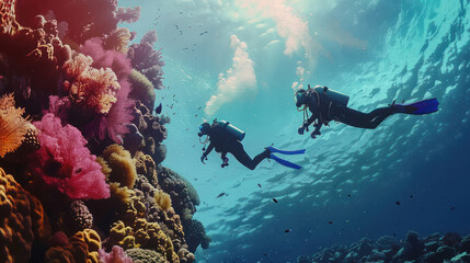 Scuba divers swimming among colorful coral reefs