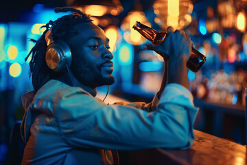 African American man with dreads and headphones is leaning against the bar, holding up his bottle of beer casually while looking off into the distance with a relaxed expression. Th