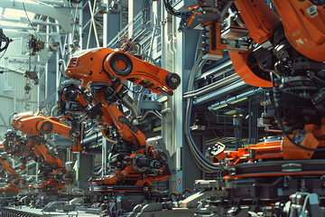 A high-tech factory with robots on an assembly line, manufacturing car body parts efficiently.