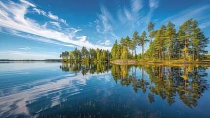 a beautiful forest lake surrounded by tall trees, with a clear blue sky and calm water, showing the shore and distant hills covered in pine forests.