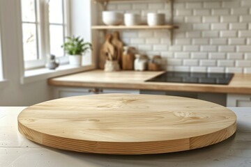 Empty round wooden cutting board on a kitchen table, a simple blur light stylish background
