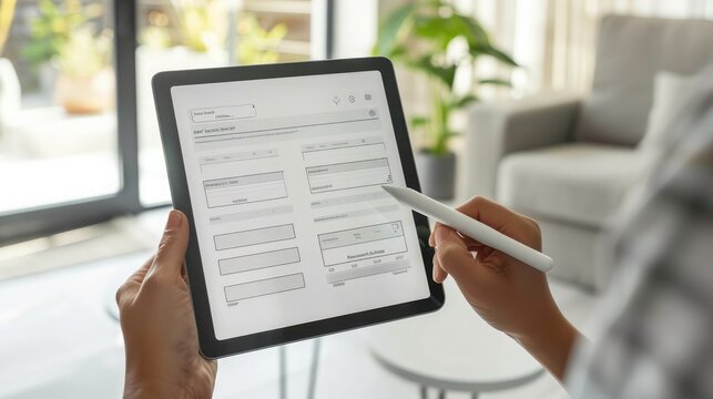 Hand with stylus filling out consumer survey form on tablet, emphasis on modern design. Consumer survey answer form