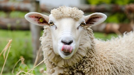 Obraz premium Funny sheep. Portrait of sheep showing tongue. 