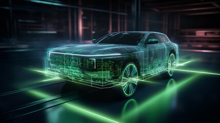 Electric car hologram with blue and green glow, futuristic drive train concept 3d render