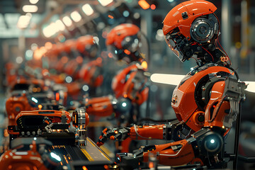 A high-tech factory with robots on an assembly line, manufacturing car body parts efficiently.