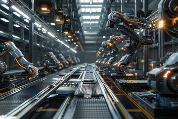 A high-tech factory with robots on an assembly line, manufacturing car body parts efficiently.