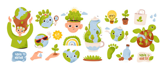 Cute planet earth. Ecological illustrations of saving the planet. World Environment Day. Go green and green energy. Eco-friendly concept
