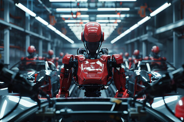Obraz premium A high-tech factory with robots on an assembly line, manufacturing car body parts efficiently.