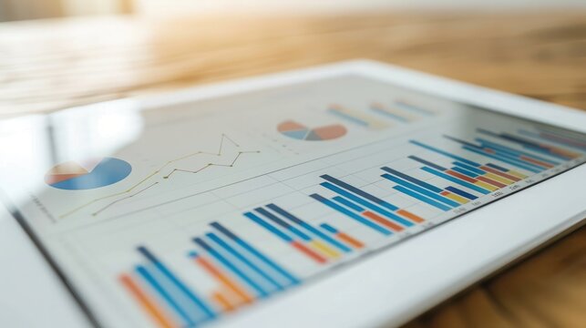 Charts and graphs on tablet screen showing consumer survey results, graphical representation. Consumer survey answer form