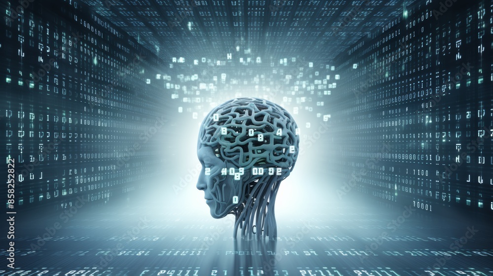 Aufkleber A digital brain pulsating with binary code, symbolizing the intricate language of thought and consciousness.