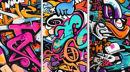 A neoteric modern background with graffiti banners. Street wall art. Drawings, sprays, and scribbles. Utilities in neon colors.