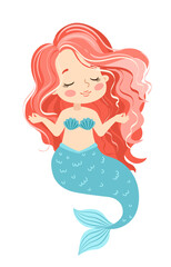 Hand drown vector illustration. Beautiful Girl Mermaid with pink hair isolated on white background