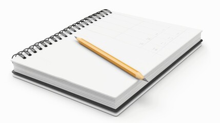 An empty notebook with a pencil. Blank white pages for news ideas or education. Calendar mockup template, render realistic banners. Modern illustration.