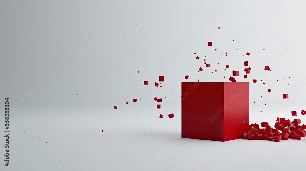 Poster red cube explosion in a white void
