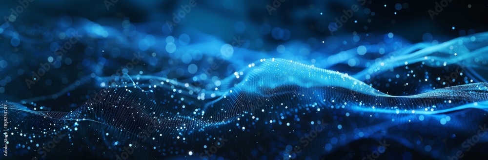 Poster the background of a digital technology stream is dynamic wave of dots, connected by a network. it is