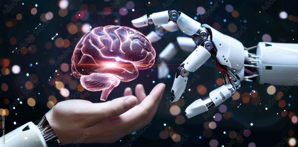 Poster robotic bionic science research for the future of human life in 3d rendering. natural intelligence a