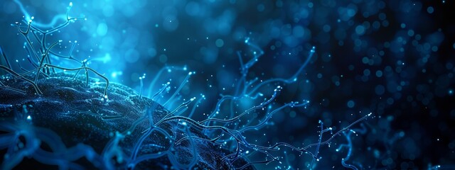 Fototapeta premium A block of nerve cells with copy space on the background (3d microbiology render banner).