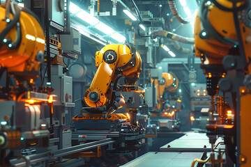 A high-tech factory with robots on an assembly line, manufacturing car body parts efficiently.