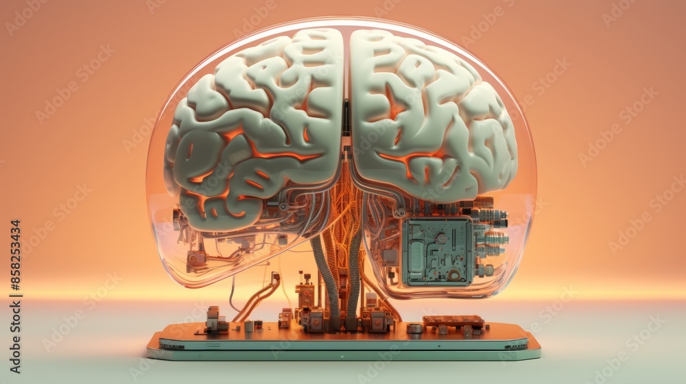 Poster a digital brain rendered in a retrofuturistic style, evoking a sense of nostalgia for the future.