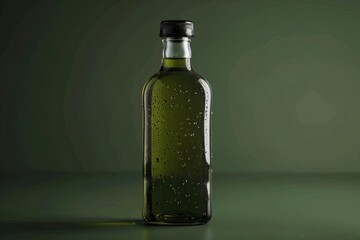 Capture a luxurious, textured coldpressed olive oil bottle in a frontal view.