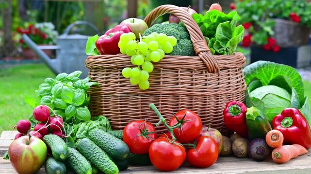 Wicker basket with vegetables and fruits in the garden