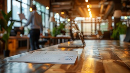 A creative and collaborative workspace scene featuring scattered documents on a polished wooden desk, ambient lighting, modern laptop, and blurred background elements in an open office.