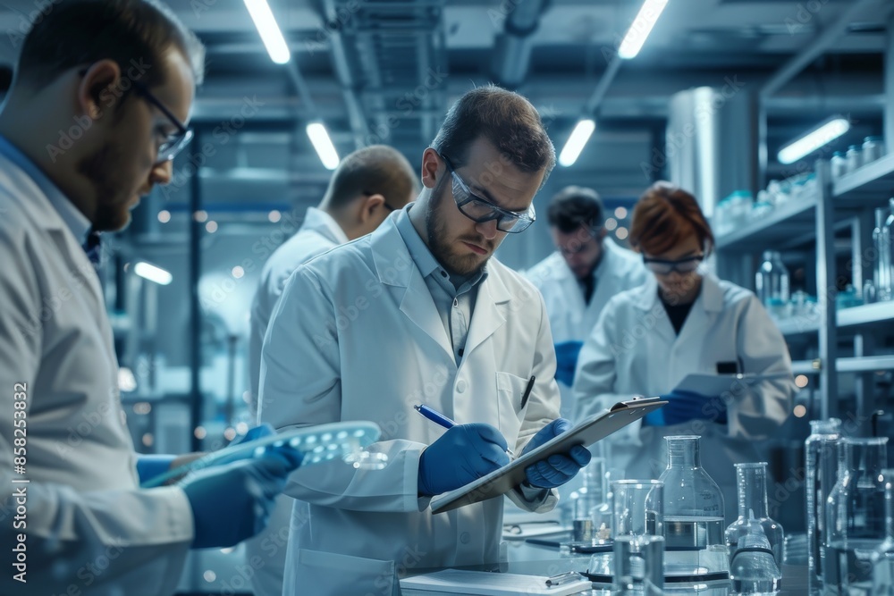Poster study data analysis and microscope evaluation by scientists. dropper chemical testing research by he