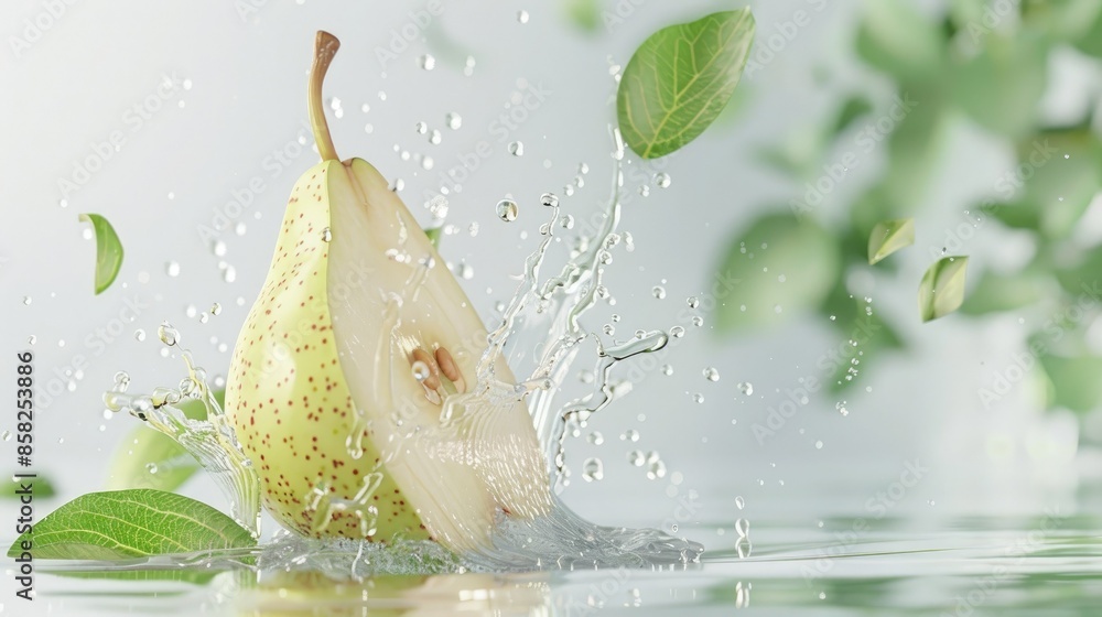 Poster pear splashing into refreshing water