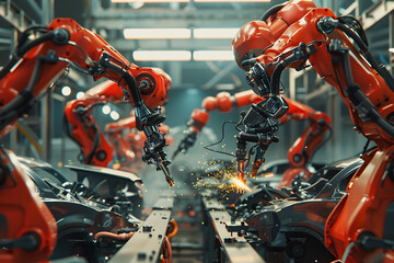 A high-tech factory with robots on an assembly line, manufacturing car body parts efficiently.