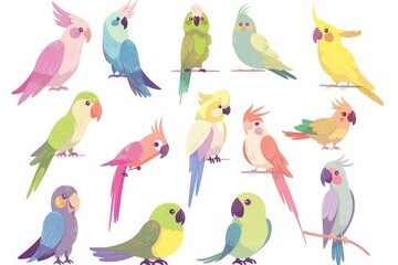 Naklejka premium An adorable collection of funny cartoon parrot characters in a jungle environment. Cartoon modern collection of various colorful exotic birds with beaks, wings and tales. Exotic animals and pets in