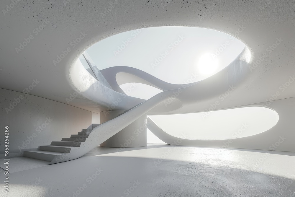 Poster the exterior of an abstract futuristic structure with a concrete floor is rendered in 3d.