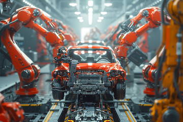 A high-tech factory with robots on an assembly line, manufacturing car body parts efficiently.